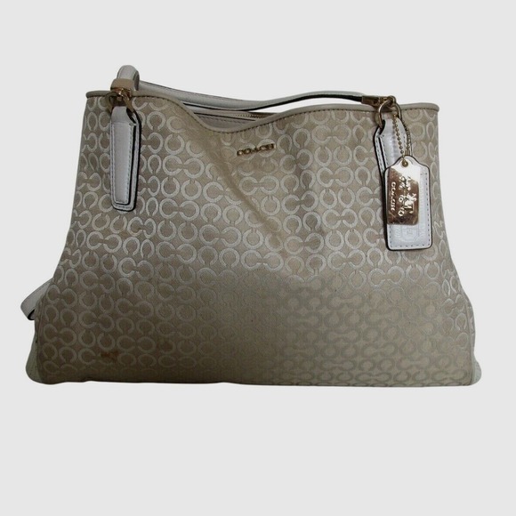 Coach Handbags - Coach Womens Madison Pearlescent Cafe Satchel Bag Purse Cream Designer Monogram
